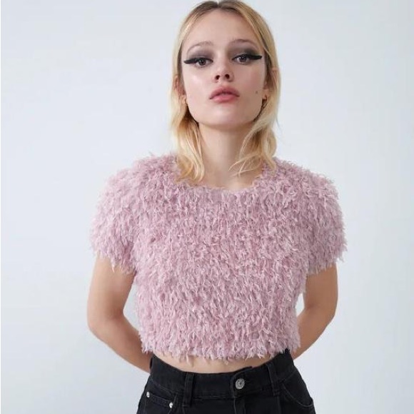 Zara Faux Feather Crop top Mauve - Picture 2 of 6